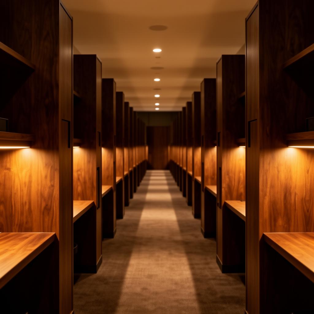 Rows of individual wooden study cabins with warm task lighting at Rankers Reading Room